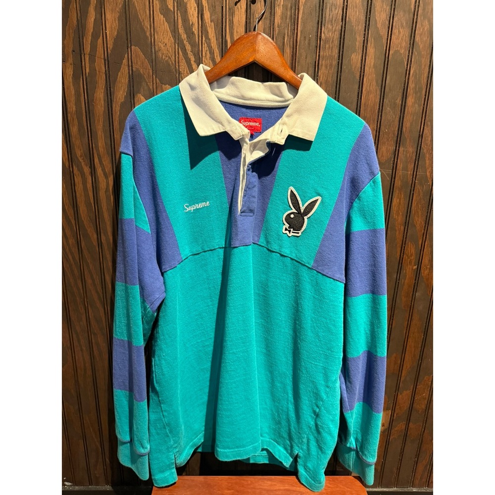 Supreme Playboy Rugby Shirt Mens XL‎ Teal Purple Striped Long Sleeve Polo Cotton
